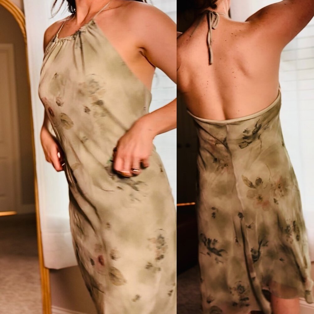 VTG Y2K Halter Summer Dress- Sage Green Floral- 12